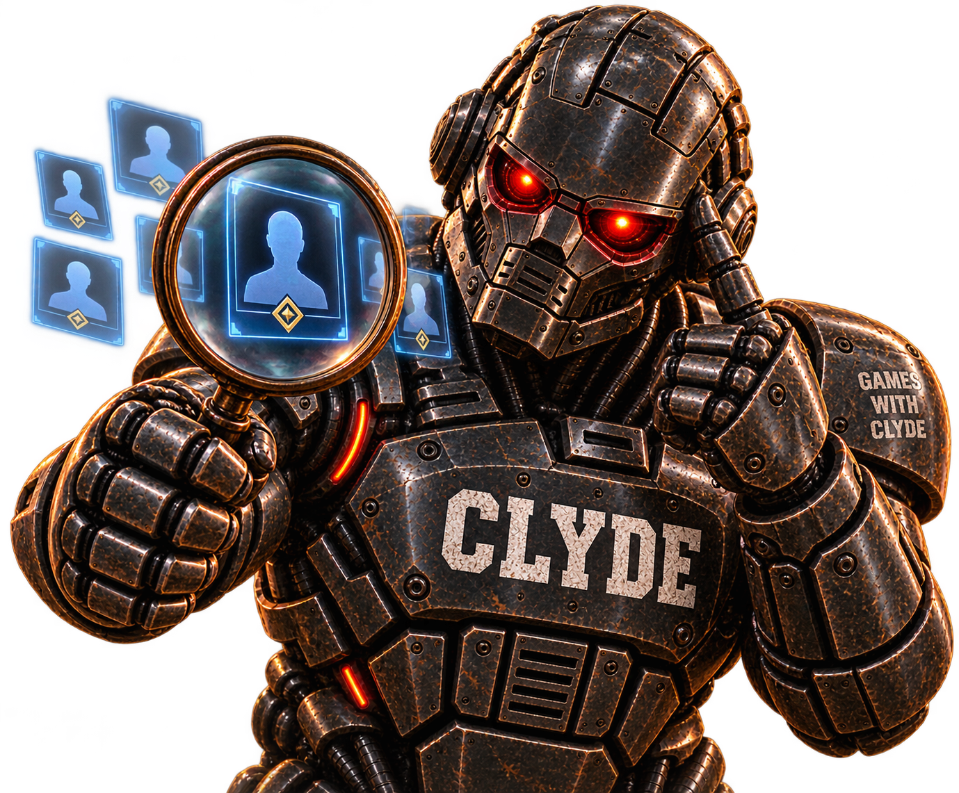 Clyde examining player cards through a magnifying glass